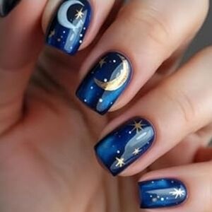 NWT 24Pcs Square Press on Nails Short Acrylic Blue Sparkling Starry Cat-Eye